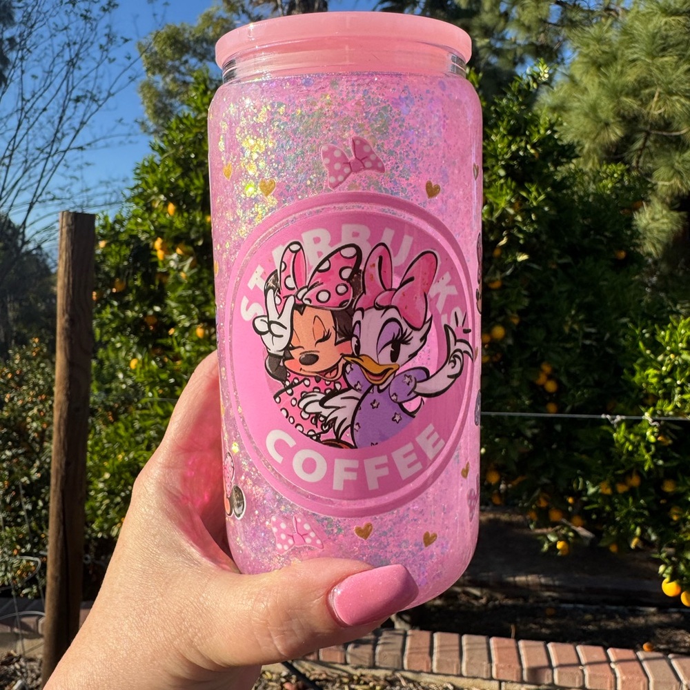 Minnie and Daisy BFF Starbucks snow globe glass Tumbler 16oz